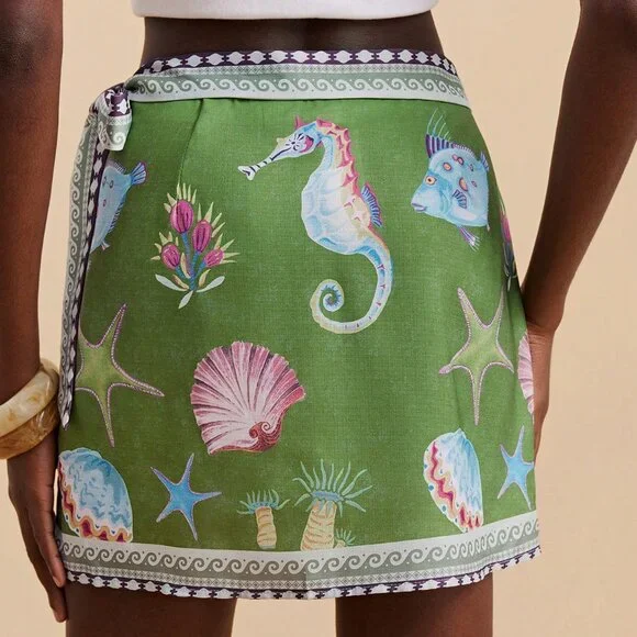 Green Boho Women's Marine Life Print Casual Skirt - Picture 2 of 6